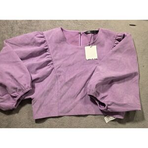 Zara Lilac Corduroy Puff Sleeve Crop Top Blouse Purple Large 8576/910/629 NEW